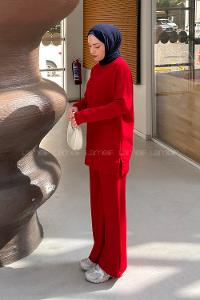 Red Crew Neck Long Arm Without Accessories Regular Trousers Suit