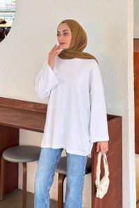 White Crew Neck Long Arm Without Accessories Unprinted Blouse