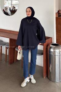 Navy Blue Crew Neck Long Arm Without Accessories Unprinted Blouse