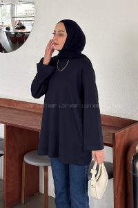 Navy Blue Crew Neck Long Arm Without Accessories Unprinted Blouse