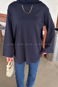 Navy Blue Crew Neck Long Arm Without Accessories Unprinted Blouse