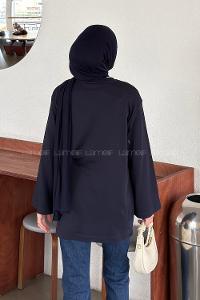 Navy Blue Crew Neck Long Arm Without Accessories Unprinted Blouse