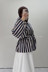 Lamelif Çizgi Detaylı Bağlamalı Ceket Lacivert