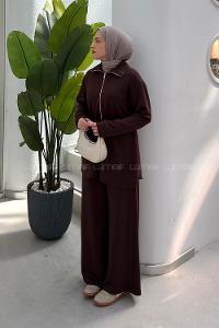 Lamelif Fermuar Kapamalı Bel Büzmeli İkili Takım Kahverengi