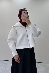 Lamelif Fermuarlı Scuba Ceket Beyaz