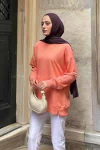 Lamelif Bisiklet Yaka Sweatshırt Oranj