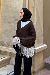 Lamelif Dantel Detaylı Yumoş Hırka Kahverengi
