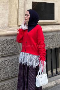 Red V Neck Long Arm Cardigan