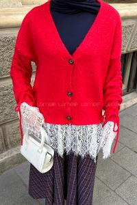 Red V Neck Long Arm Cardigan