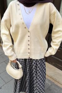 Ecru V Neck Long Arm Cardigan