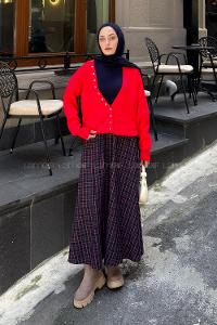 Red V Neck Long Arm Cardigan