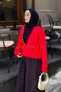 Red V Neck Long Arm Cardigan