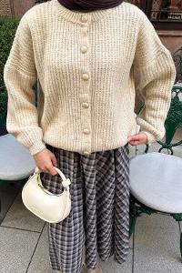 Ecru Crew Neck Long Arm Knitwear Cardigan
