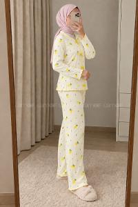 Lamelif Fiyonk Detaylı Ananas Desenli Kaşkorse Pijama Takımı