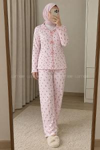 Lamelif Fiyonk Detaylı Çiçek Desenli Kaşkorse Pijama Takımı