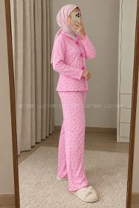 Lamelif Fiyonk Detaylı Kalp Desenli Kaşkorse Pijama Takımı