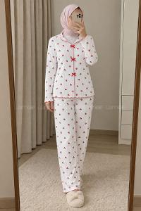 Lamelif Fiyonk Detaylı Kiraz Desenli Kaşkorse Pijama Takımı