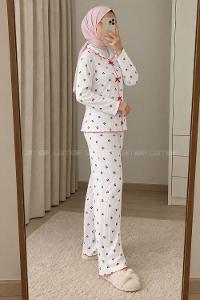 Lamelif Fiyonk Detaylı Kiraz Desenli Kaşkorse Pijama Takımı