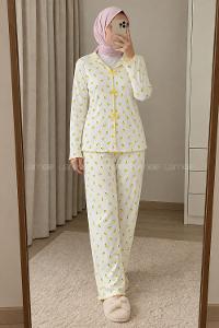 Lamelif Fiyonk Detaylı Limon Desenli Kaşkorse Pijama Takımı