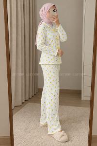 Lamelif Fiyonk Detaylı Limon Desenli Kaşkorse Pijama Takımı