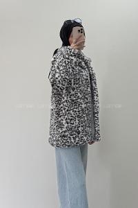 Lamelif Leopar Desenli Kürk Ceket Beyaz
