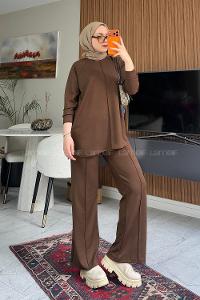 Brown Crew Neck Long Arm Without Accessories Regular Trousers Suit