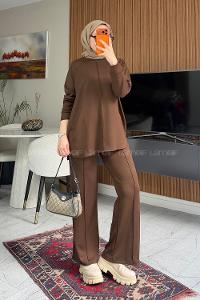 Brown Crew Neck Long Arm Without Accessories Regular Trousers Suit