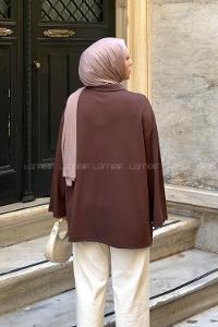 Lamelif Düğmeli Polo Yaka Oysho Kumaş Tunik Kahverengi