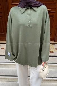 Lamelif Düğmeli Polo Yaka Oysho Kumaş Tunik Yeşil