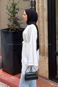Lamelif Etek Ucu Dantelli Kemer Detaylı Tunik Beyaz