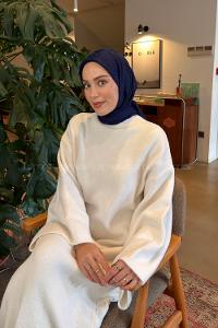 Lamelif GG Desen Ayrobin Floş Jakar Eşarp Gece Mavisi