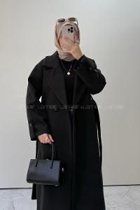 Lamelif Kruvaze Yaka Uzun Kaşe Kaban Siyah