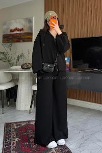 Lamelif Regular Fit Kapüşonlu Fermuarlı Hırka İkili Takım Siyah