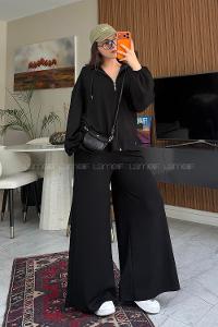 Lamelif Regular Fit Kapüşonlu Fermuarlı Hırka İkili Takım Siyah