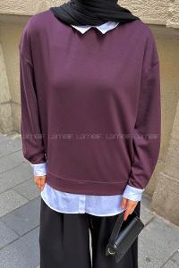 Lamelif Sweat Gömlek Garnili Tunik Mürdüm