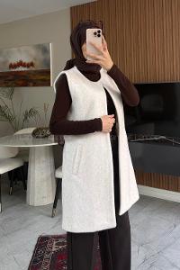 Lamelif Cep Detaylı Yelek Krem