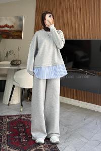 Lamelif Gömlek Detaylı Sweat İkili Takım Gri