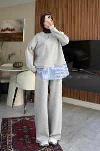 Lamelif Gömlek Detaylı Sweat İkili Takım Gri