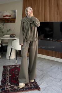 Plum Green Crew Neck Long Arm With Zipper Regular Trousers Pleated Suit