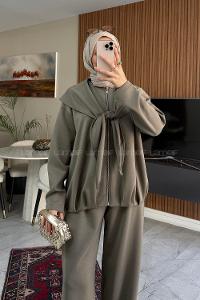Plum Green Crew Neck Long Arm With Zipper Regular Trousers Pleated Suit