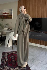 Plum Green Crew Neck Long Arm With Zipper Regular Trousers Pleated Suit