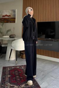 Navy Blue Crew Neck Long Arm With Zipper Regular Trousers Pleated Suit