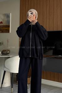 Navy Blue Crew Neck Long Arm With Zipper Regular Trousers Pleated Suit
