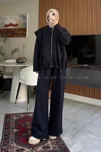 Navy Blue Crew Neck Long Arm With Zipper Regular Trousers Pleated Suit