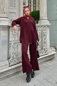 Claret Red Scarf Neck Knitwear Regular Trousers Comfortable Suit