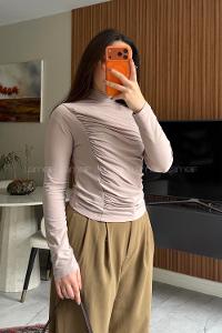Lamelif Büzgü Detaylı Bluz Taş Rengi