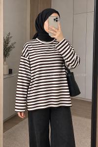 Lamelif Çizgili Oysho Sweat Acı Kahve