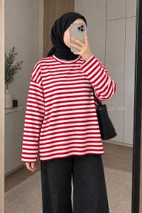 Lamelif Çizgili Oysho Sweat Kırmızı