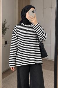 Lamelif Çizgili Oysho Sweat Siyah