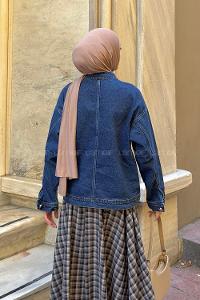 Lamelif Düğmeli Çift Cepli Denim Ceket Mavi